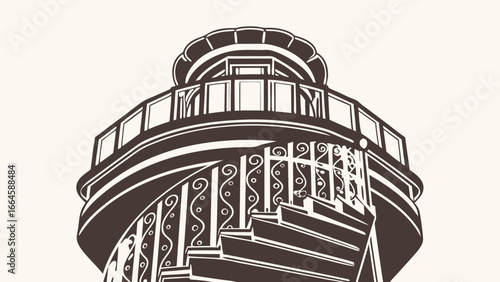 Illustration of a vintage lighthouse with spiral staircase and decorative ironwork railings design element silhouette