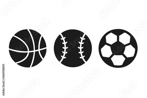 Sports balls silhouette icon vector set, basketball, baseball, soccer football icons, flat minimal style black and white illustration, recreation design elements, isolated transparent background