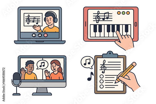 Online music education icon set. Virtual class, e-learning, and distance learning concepts. Teacher and student collaboration, interactive piano app, music theory lesson vector.