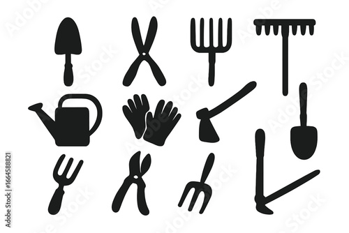 Gardening tools silhouette icon set. Vector collection of essential garden equipment. Includes shovel, rake, fork, shears, watering can, gloves, and hoe. Farming instruments.
