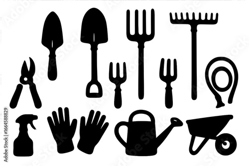Gardening tools silhouette icon set. Essential garden equipment in black shapes. Vector graphic collection for horticulture, farming, and agriculture concept design elements.