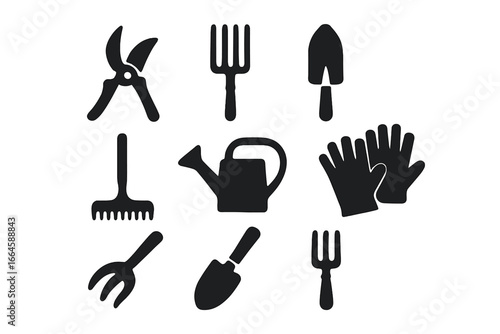 Gardening tools silhouette icon set. Essential garden equipment. Black shapes. Vector. Work in garden. Farming. Agriculture. Plant care. Hobby. Shovel, rake, fork, pruner.