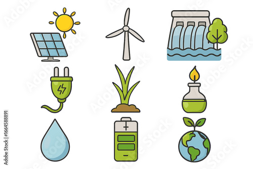 Renewable energy icon set. Green technology and sustainable power sources. Solar panel, wind turbine, hydroelectric dam, biofuel and battery for ecology concept. Cartoon vector.