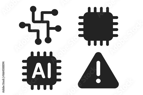 Technology electronics solid icon set. Circuit board, microchip, AI processor, warning alert symbol. Modern vector illustration, digital components, computing system icons. Transparent background.