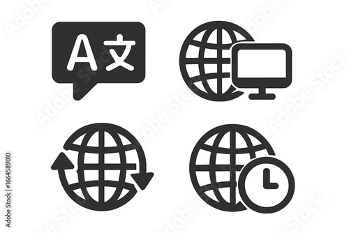 Global communication solid icon set. Language translation, internet access, worldwide data transfer, and world time zone concepts. Vector glyph pictograms for web and mobile.