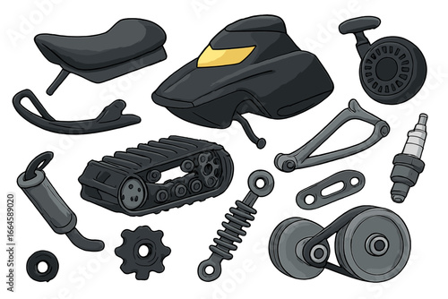 Cartoon Vector Illustration of Snowmobile Spare Parts Set. Assorted Mechanical Components, Tracks, Exhaust, Suspension, Gears, Wheels, Seat, Body. Equipment Icons Isolated on Transparent Background