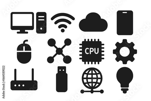 Technology Silhouette Icon Set. Computer, Network, Cloud, CPU, USB, Router, Mouse, Gear, Global Connection, Wireless Symbols. Modern Vector Collection Isolated on Transparent Background
