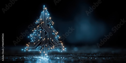 Digital Christmas tree glowing with circuit board design in a dark setting during the holiday season