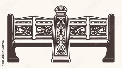 Detailed illustration of an ornate bench with floral carvings and decorative central support element silhouette