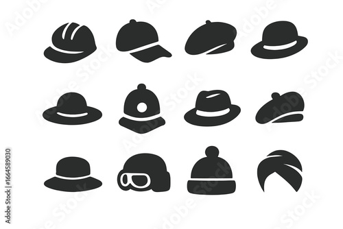 Hat and headwear solid icon set. Vector glyph collection of various hats including helmet, cap, beret, fedora, beanie, turban, and aviator. Fashion accessory silhouettes.