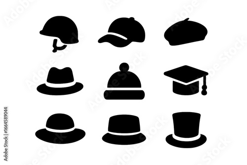 Hat and headwear solid icon set. Vector glyph collection of headgear silhouettes. Includes helmet, cap, beret, fedora, beanie, graduation cap, top hat, and bowler hat styles.