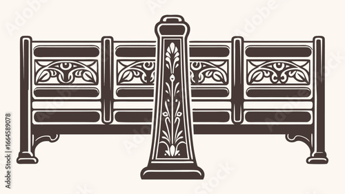 Detailed illustration of an ornate bench with floral carvings and a central decorative post design element silhouette