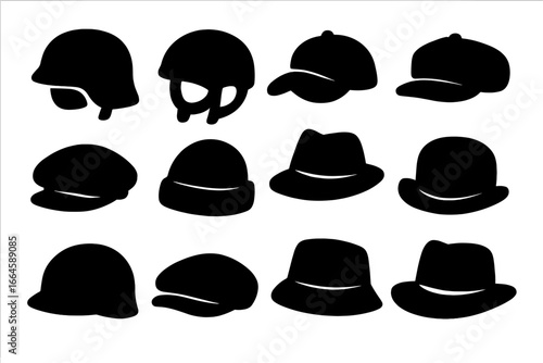 Headwear icon set. Vector silhouette collection of various hats, caps, and helmets. Simple black graphic of fedora, beanie, baseball cap, military helmet, bowler, bucket hat.