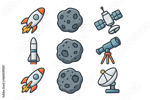 Vector Space Exploration Icon Set with Rockets, Asteroids, Telescopes, Satellites, and Communication Dishes. Cartoon Style Astronomy and Science Equipment. Creative Transparent Background Design