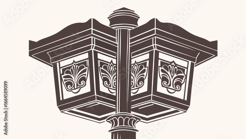 Illustration of a vintage style street lamp with ornate floral designs and a decorative post element silhouette