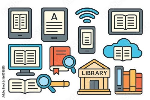 Digital Library and Reading Technology Icons Set, E-Book Reader Gadgets, Online Book Cloud Storage, Electronic Devices for Reading, Modern Library Access, Research Tools, Internet Literature Concepts