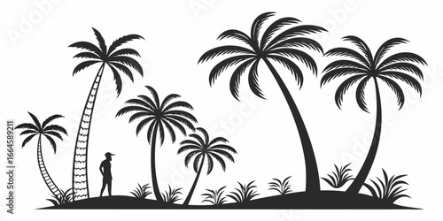 Silhouette of a person standing among palm trees on a tropical island