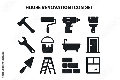 House renovation icon set. Home improvement, construction and repair solid glyph icons. Tools, equipment for DIY projects. Hammer, drill, paint roller, ladder, brick vector.