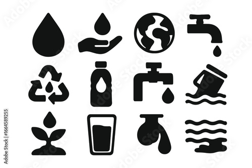 Water Conservation and Environmental Protection Solid Icon Set. Hydration, Drinking Water, Clean Tap, Recycling, Eco-Friendly, Sustainability, Water Resource Management, Vector Cartoon Illustration