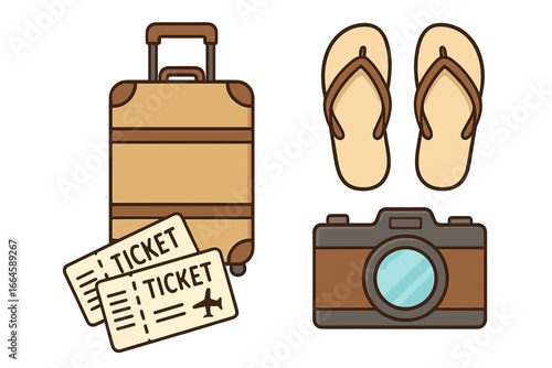 Travel essentials suitcase, airline tickets, camera and beach sandals. Vacation tourism accessories set. Cartoon vector illustration for holidays, adventure, airport, luggage, summer, leisure, journey