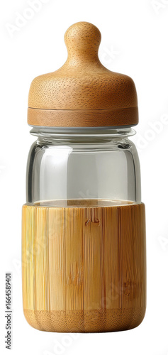 Stylish bamboo and glass baby bottle modern nursery product bright isolated on transparent background, png