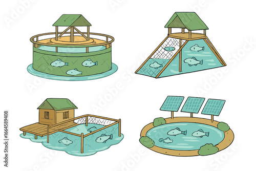 Modern Fish Farming Structures Collection. Aquaculture System Variety: Circular Tank, Triangular Enclosure, Floating Cage, Solar Powered Pond. Sustainable Aquaculture Design Vector Illustration.