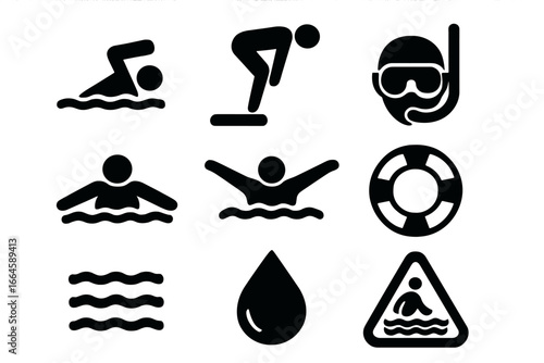 Swimming and Water Activities Silhouette Icon Set Featuring Swimming, Diving, Lifesaving, Snorkeling, Pool Safety, Water Symbol Collection, Editable Vector for Aquatic Sports and Recreation