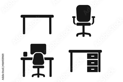 Office furniture icon set. Black silhouette collection of workspace elements. Desk, chair, computer workstation, and drawers. Vector graphic for business and interior design.
