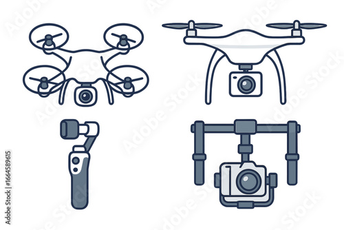 Modern drone designs and camera stabilization gimbals vector set. Aerial photography quadcopter, handheld stabilizer, UAV technology, cinematic videography equipment, flat cartoon illustration