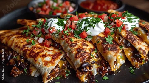 Close up of crispy golden quesadillas stuffed with melted cheese and black beans topped with sour cream fresh tomato salsa