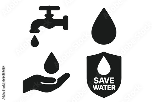 Water Conservation Solid Icon Set. Faucet, Water Drop, Hand Holding Water, Save Water Shield. Eco-Friendly Vector Illustration for Sustainability, Resource Protection, and Environmental Awareness