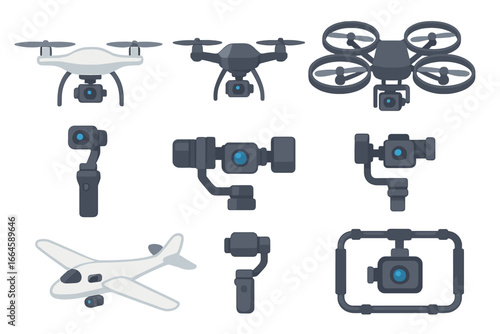Modern drone designs and camera stabilizer equipment flat vector set. Aerial photography technology, quadcopters, gimbals, action cameras, airplane with camera, UAV filming gear illustrations.