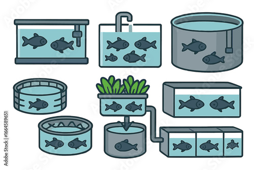 Aquaculture Fish Tanks Vector Set. Cartoon Collection of Different Fish Holding Systems, Indoor and Outdoor Aquaponics, Recirculating Aquaculture, Water Tanks, Fisheries on Transparent Background