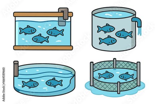 Aquaculture Fish Tanks Vector Set. Cartoon Fish Holding Systems Collection. Aquaculture Tanks, Ponds, Containers, and Cages. Different Designs and Shapes. Transparent Background Illustration.