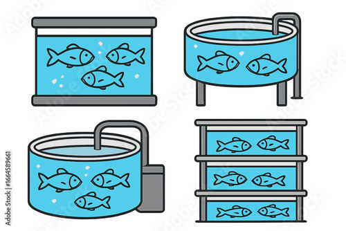 Aquaculture Fish Holding Tanks Collection. Vector Cartoon Illustration Set. Different Aquaculture Tank Designs, Shapes, Fish Farming Systems, Water Circulation, Transparent Background.