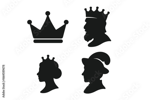 Royalty silhouette icon set. King, queen, noble and crown symbols. Medieval monarchy characters profile. Head of historical royal family members. Heraldic fantasy vector elements.