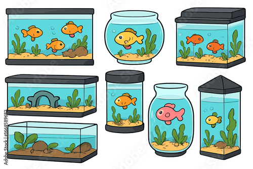 Aquarium tanks collection set, diverse cartoon fish tanks and bowls, unique aquarium shapes, multiple fish and aquatic plants, home pet enclosures, vector illustration, transparent background