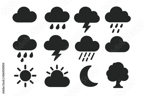Weather and Nature Silhouette Icon Set. Clouds, Rain, Thunderstorm, Sun, Moon, Tree Symbols. Vector Cartoon Collection. Meteorological Forecast Signs. Black Icons Isolated on Transparent Background.