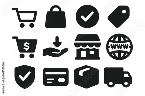 Shopping and e-commerce vector icon collection. Solid glyph symbols for online retail. Concepts of purchase, secure payment, checkout, delivery truck, cart, bag, and web store.