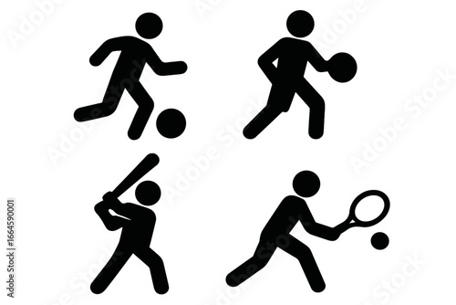 Sports silhouette icon set. Soccer, basketball, baseball, tennis vector pictograms. Athlete characters in action. Man symbol playing game. Fitness graphic elements design.