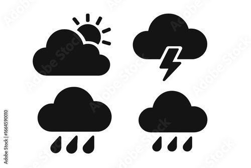 Weather icons vector set. Cloud, storm, rain, lightning, cloudy day, sun, precipitation silhouette. Modern meteorology clipart. Flat cartoon illustration with transparent background. Forecast symbols.
