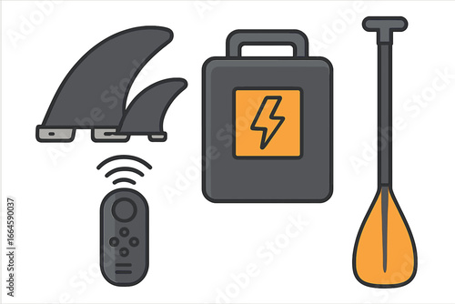Surfboard Accessories Set Vector. Electric Paddle Board Parts. Fins, Battery, Remote Controller, Paddle. Flat Cartoon Illustration. Water Sports Equipment, Outdoor Adventure, Modern Design