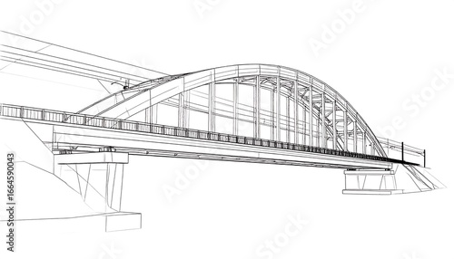 A detailed architectural drawing of an arched bridge structure, showcasing its intricate support systems and road layout.
