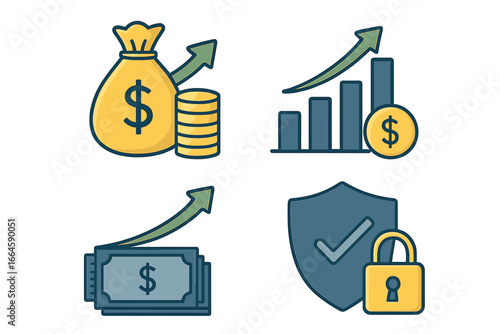 Financial Growth Security Vector Illustration. Money bag, dollar coin, cash, upward trend graph, increasing profit, economic success, secure investment, money protection, cartoon icons set.