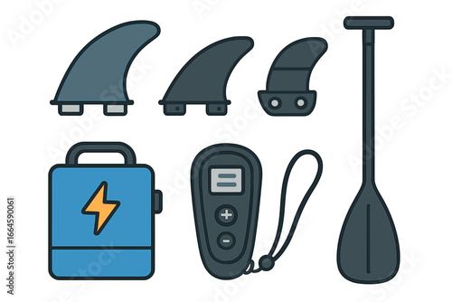 Surfboard Accessories Set Vector Illustration. Fins, Battery, Wireless Controller, Paddle, Electric Surf Components Collection. Flat Style Equipment Isolated on Transparent Background.