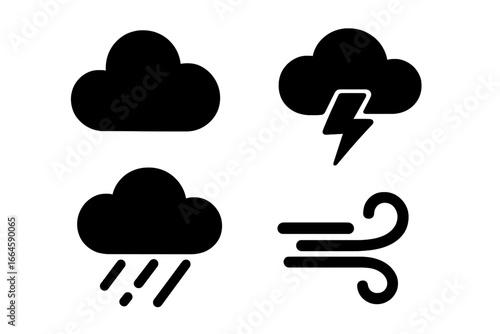 Weather silhouette icon set. Storm clouds, rain, lightning, wind. Bold meteorology vector illustration. Forecast symbols. Cartoon style clipart for apps, web, UI, infographic, transparent background.
