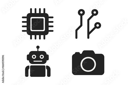 Technology solid icon set. Chip, circuit, robot, camera icons collection. Vector glyphs for web and mobile. CPU, microprocessor, AI, electronics, photography symbols.