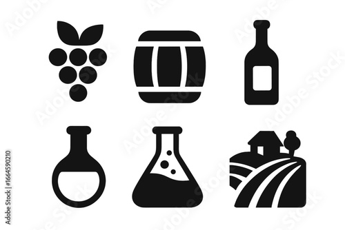 Wine and Vineyard Silhouette Icon Set. Grapes, Oak Barrel, Wine Bottle, Laboratory Flask, Chemistry Symbol, Winemaking Process. Black Vector Icons. Winery, Vineyard, Alcohol Production Concept.