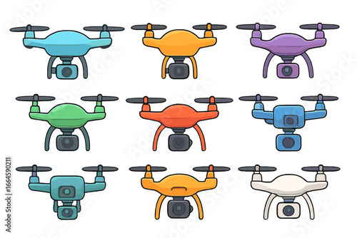 Colorful cartoon drones with cameras vector set, drone technology illustration grid, quadcopter icons collection, aerial photography gadgets, playful multicolor UAVs, modern tech concept