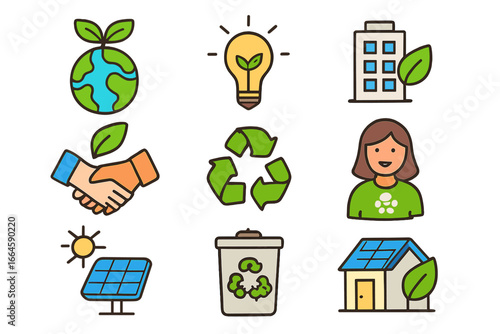 Eco-Friendly Business and Community Sustainability Icons. Green Energy, Recycling, Renewable Resources, Solar Power, Environmental Innovation, Waste Reduction, Clean Technology, Vector Illustration